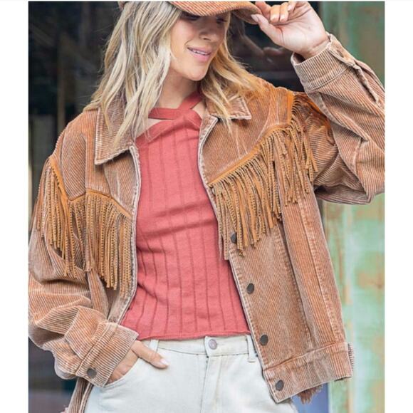 POL stud fringed corduroy western jacket tan - Picture 1 of 6